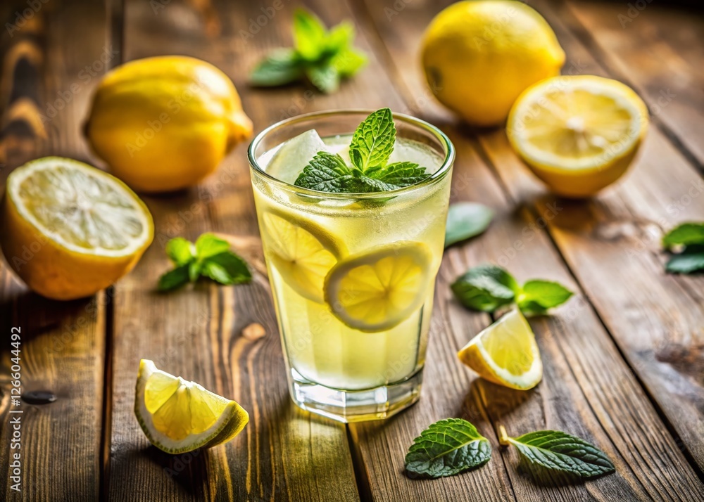 Fototapeta premium Refreshing Lemon Drink on Rustic Wooden Table - Stock Photo