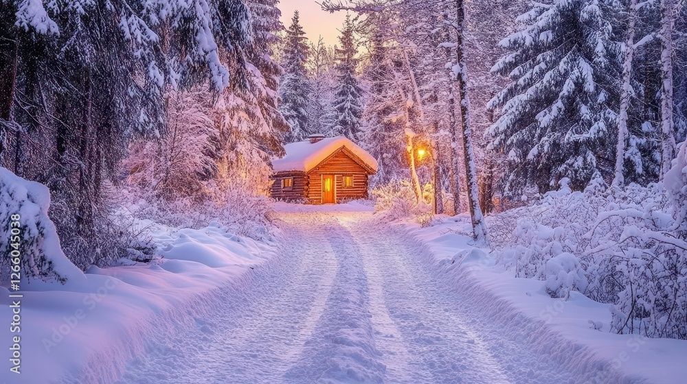Winter cabin glows warmly amidst a snow covered forest scene Winter cabin glows warmly amidst a snow covered forest scene