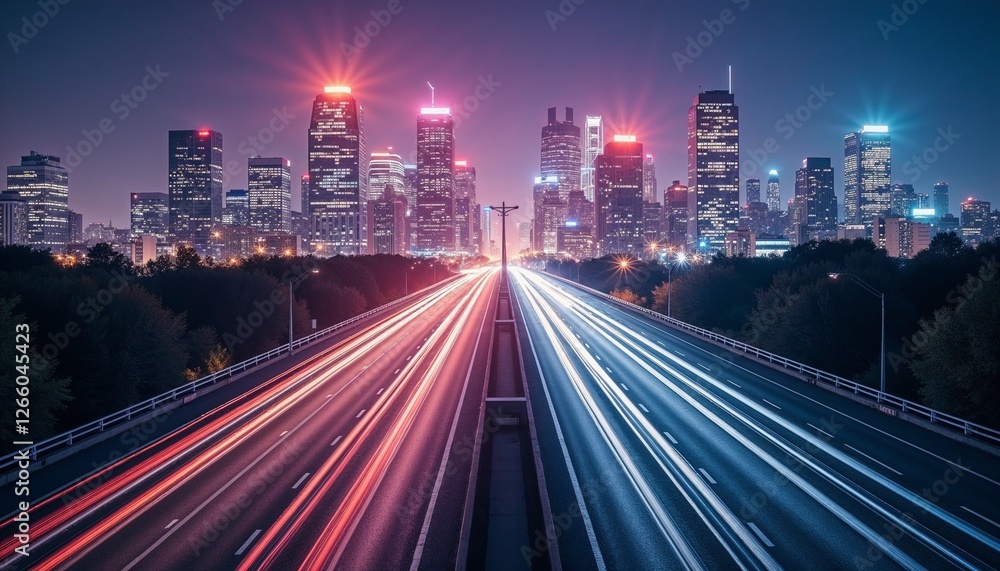 Fast highway to modern city skyline at night, motion light trails, futuristic road, urban speed, progress and success Fast highway to modern city skyline at night, motion light trails, futuristic road, urban speed, progress and success