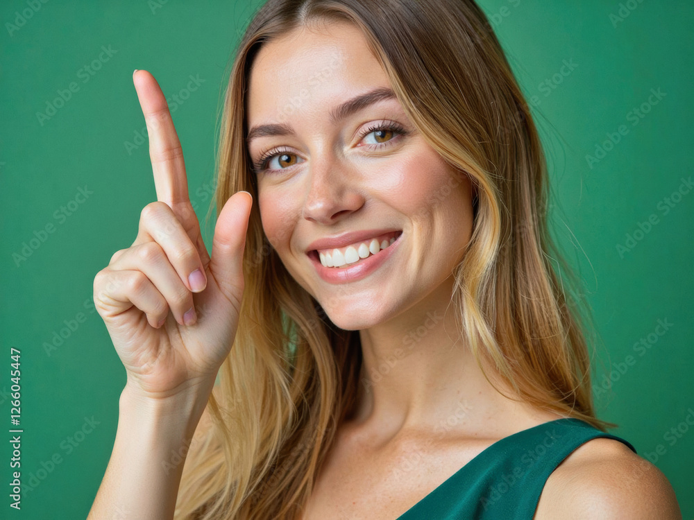 Vivid advertisement portrait photo: A woman in a green dress pointing up with her finger. Vivid advertisement portrait photo: A woman in a green dress pointing up with her finger.