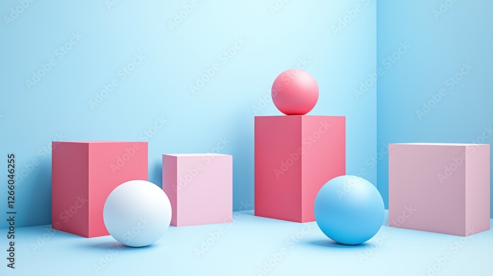 Pastel geometric shapes, studio display, light blue backdrop Pastel geometric shapes, studio display, light blue backdrop