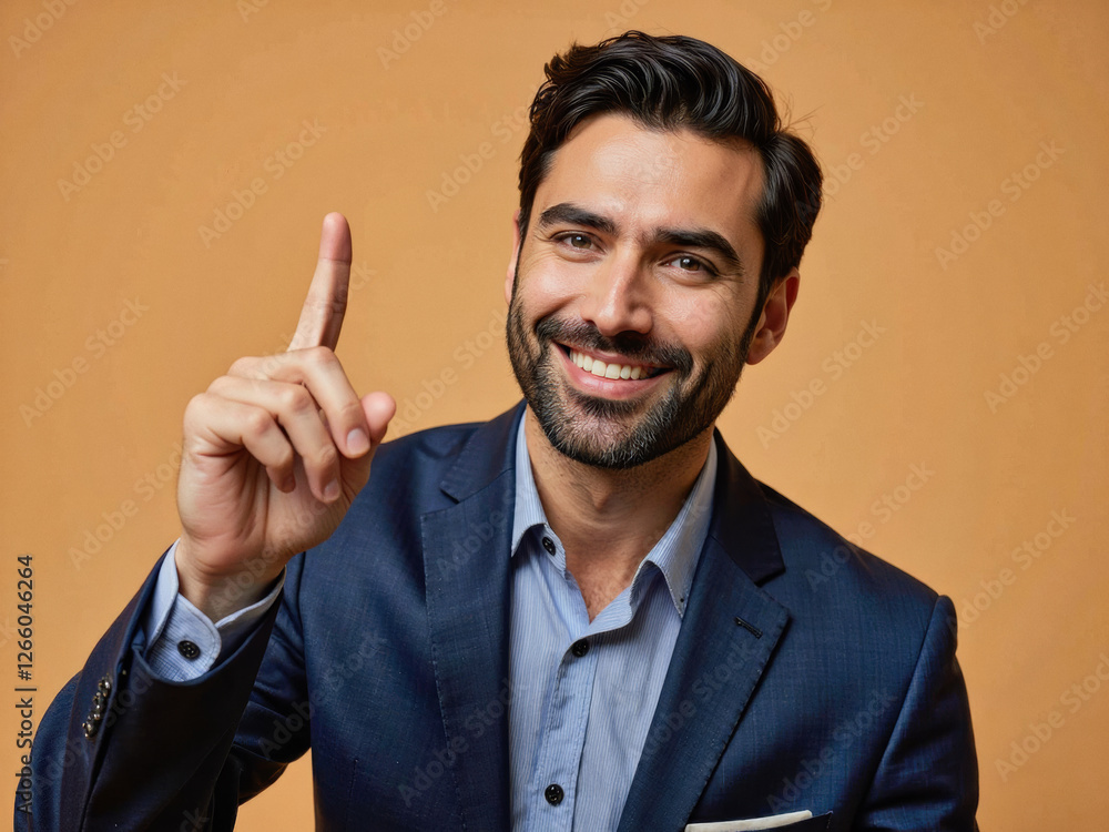 Vivid advertisement portrait photo: A man in a blue suit pointing up with his finger. Vivid advertisement portrait photo: A man in a blue suit pointing up with his finger.