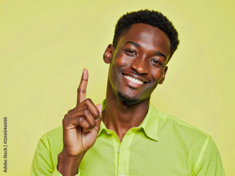 Vivid advertisement portrait photo: A man in a green shirt pointing up with his finger. Vivid advertisement portrait photo: A man in a green shirt pointing up with his finger.