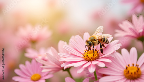 Bee pollinating pink flowers in soft sunlight, Bees on Flowers