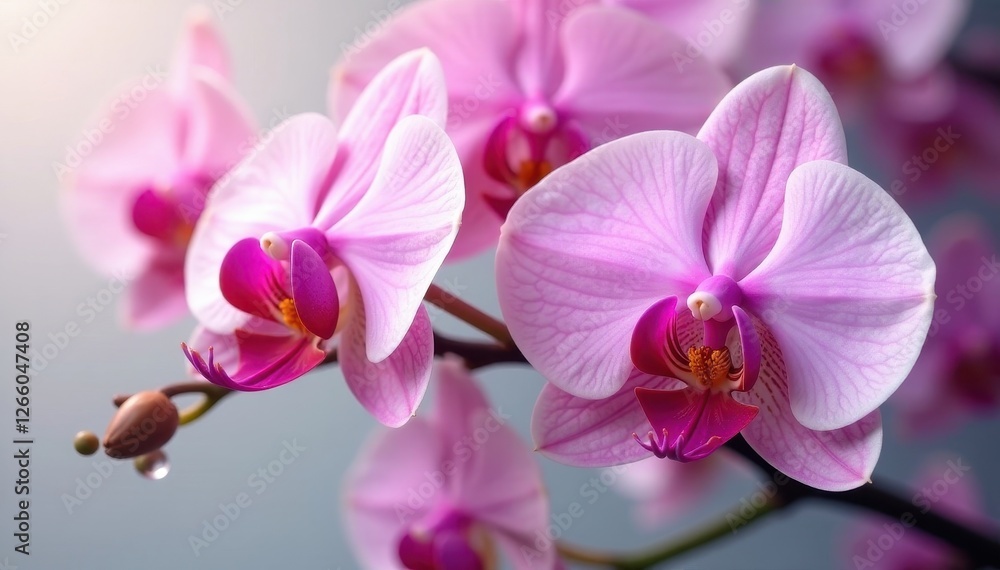 Obraz premium Dark vanilla bean & vibrant orchid blossom, pure white setting, still life, photography, luxury