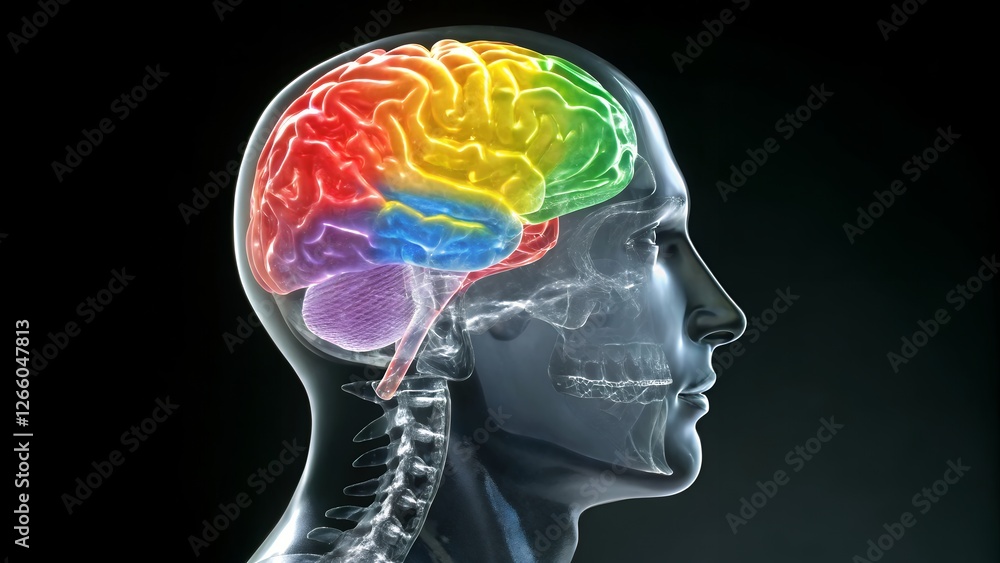 Obraz premium Translucent Brain: A Hyperrealistic Anatomical Head Rendering in Profile, Showcasing Vibrant, Segmented Brain Regions with Glowing, Detailed 