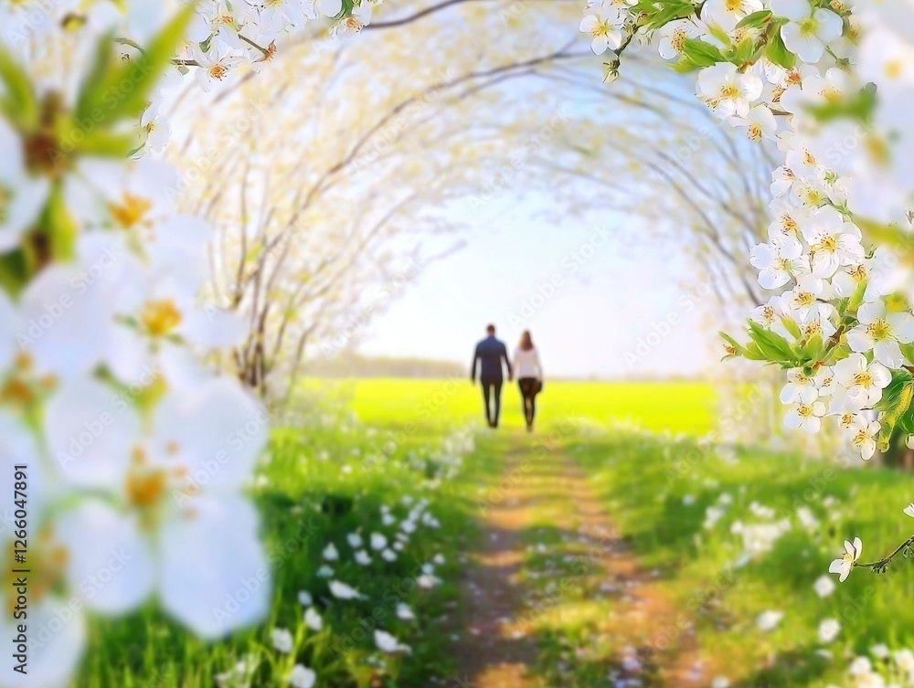Romantic couple strolling along a path under blossoming cherry trees, surrounded by vibrant greenery and wildflowers on a beautiful spring day Romantic couple strolling along a path under blossoming cherry trees, surrounded by vibrant greenery and wildflowers on a beautiful spring day