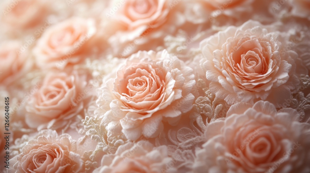 Fototapeta premium Delicate pink roses adorned on a textured background showcasing intricate lace details in soft lighting
