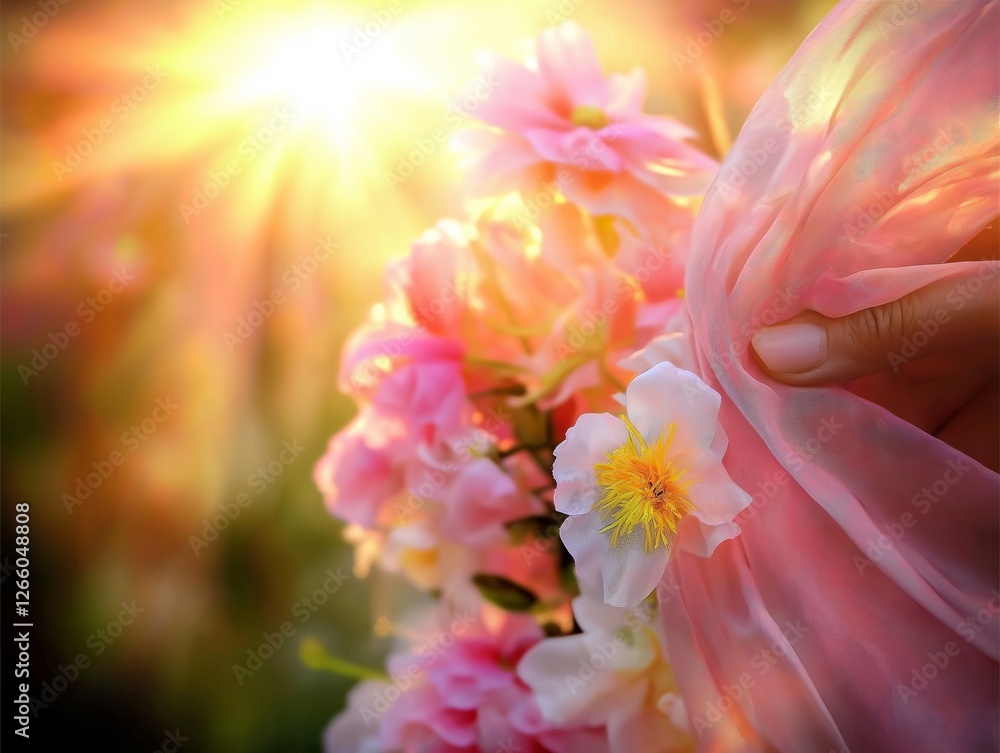 Hand gently touches a delicate pink veil draped over a bouquet of blooming flowers, bathed in the warm glow of spring sunlight, creating a dreamy and romantic atmosphere Hand gently touches a delicate pink veil draped over a bouquet of blooming flowers, bathed in the warm glow of spring sunlight, creating a dreamy and romantic atmosphere