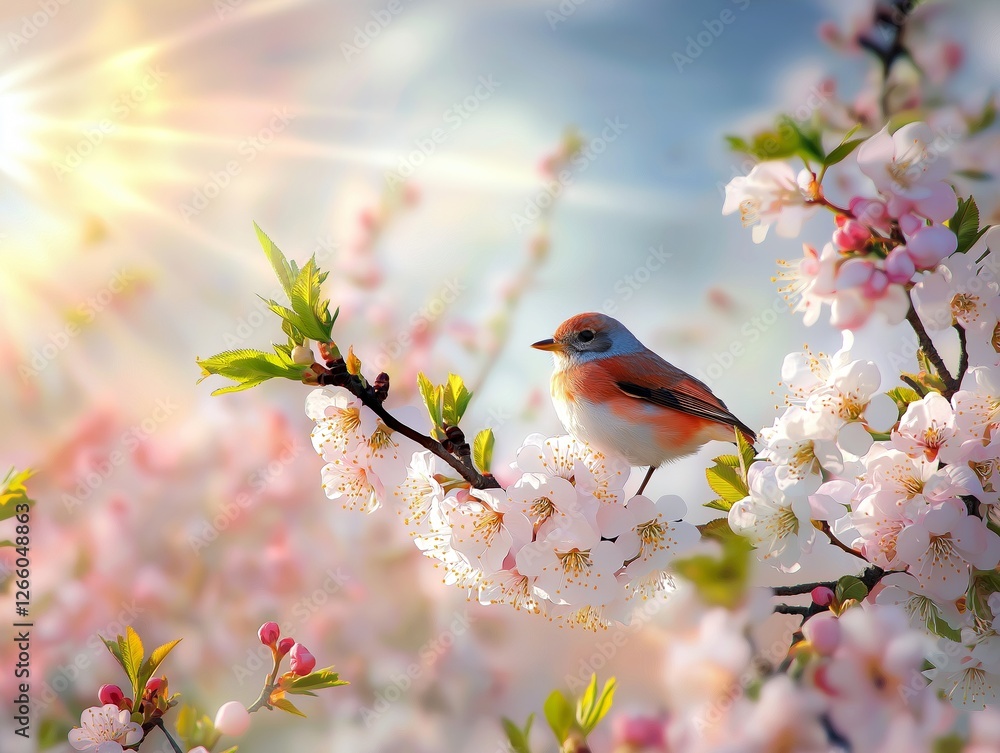 Obraz premium Small bird basking in the warm spring sunlight while perched on a flowering cherry tree branch, embracing the vibrant beauty and renewal of nature all around