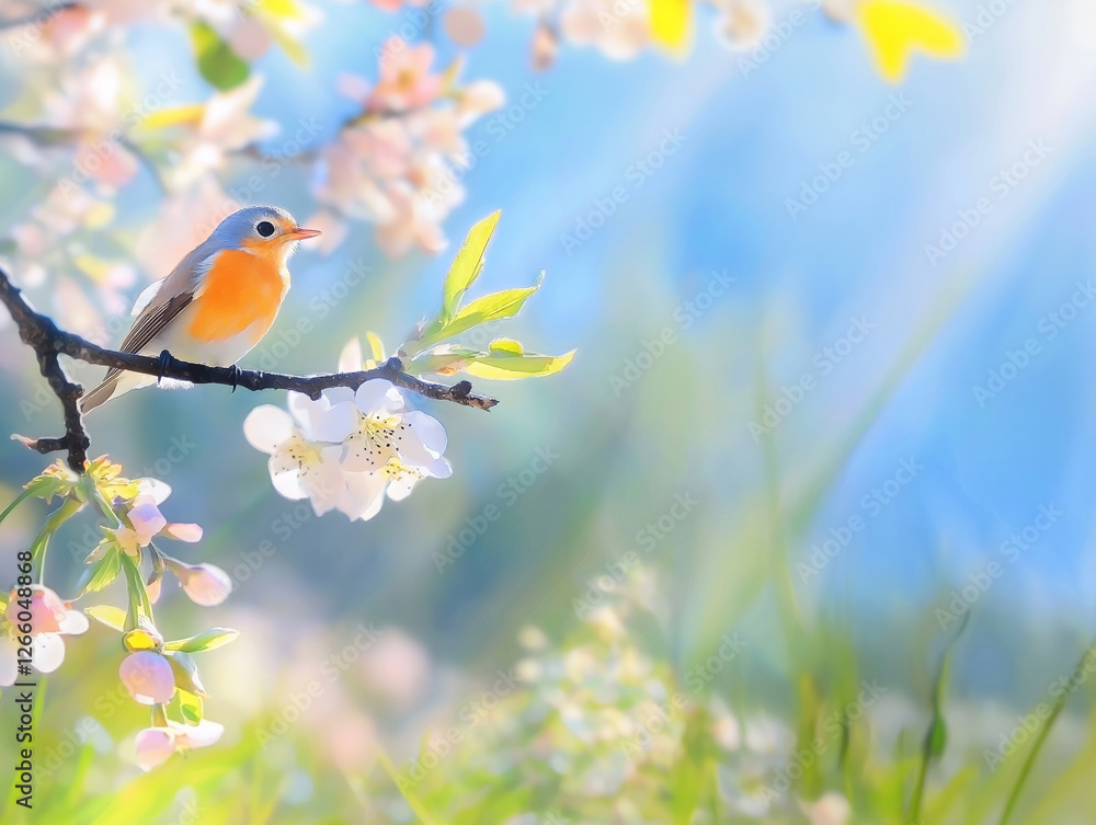 Obraz premium Small orange, gray and white bird perched on flowering tree branch in springtime, enjoying the warm sunlight and colorful blossoms surrounding it, creating a peaceful and idyllic natural scene