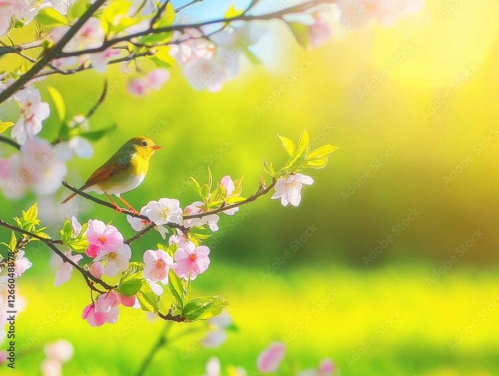 Beautiful yellow bird is perching on a flowering tree branch against a backdrop of a sunny spring meadow, creating a vibrant and serene nature scene Beautiful yellow bird is perching on a flowering tree branch against a backdrop of a sunny spring meadow, creating a vibrant and serene nature scene