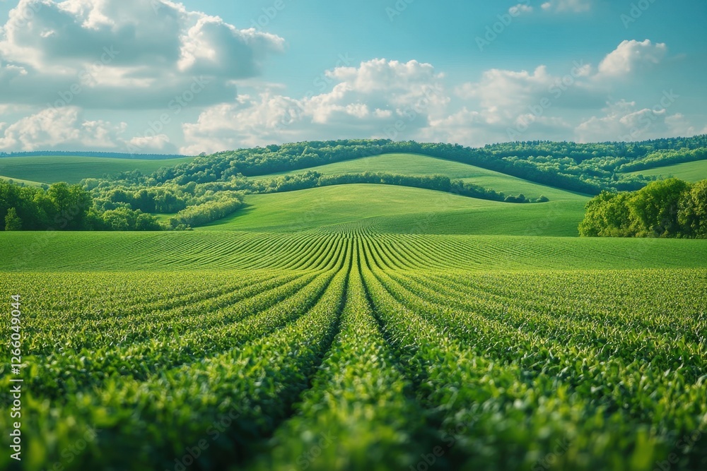 Lush green farmland stretches under a sunny sky with rolling hills in the background and vibrant crops in neat rows Lush green farmland stretches under a sunny sky with rolling hills in the background and vibrant crops in neat rows
