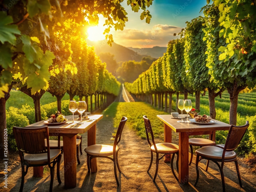 Obraz premium Romantic Vineyard Wine Tasting: Tables Amongst Grapevines, Sun Drenched Rows