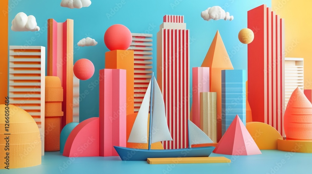 Colorful Geometric Architectural Landscape with Abstract Shapes and Sailboat in Playful City Scene for Creative Backgrounds or Designs Colorful Geometric Architectural Landscape with Abstract Shapes and Sailboat in Playful City Scene for Creative Backgrounds or Designs