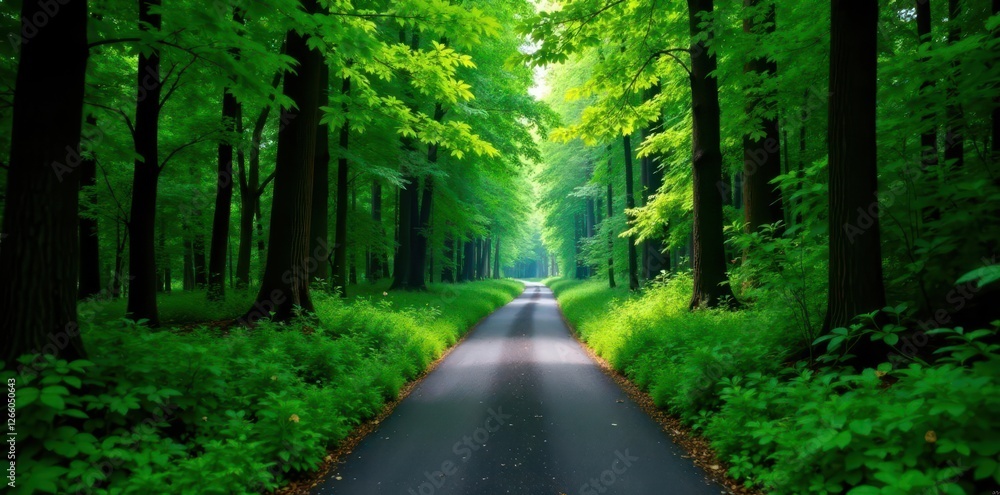 Obraz premium Dense foliage surrounds a narrow winding road, forest path, greenery