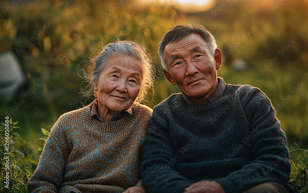 Middle-Aged Asian Couple Smiling and Embracing Outdoors in a Warm Natural Setting During Sunset, Capturing Love, Happiness, and Togetherness Middle-Aged Asian Couple Smiling and Embracing Outdoors in a Warm Natural Setting During Sunset, Capturing Love, Happiness, and Togetherness