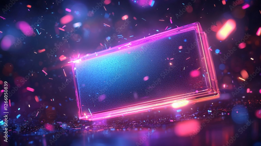 Obraz premium Vibrant Neon Frame with Colorful Particles Against a Dark Background for Dynamic Visual Presentations and Creative Displays