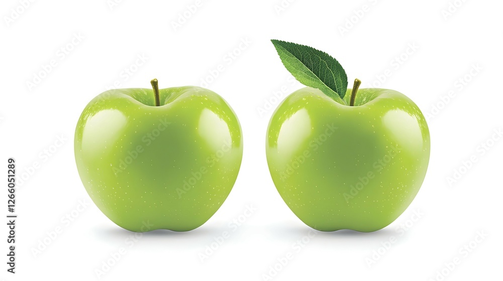 Two Shiny Green Apples with Leaf on White Background Two Shiny Green Apples with Leaf on White Background