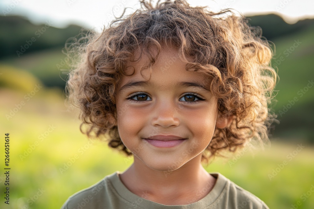 Young boy with curly hair smiles brightly in a green meadow during a sunny afternoon Young boy with curly hair smiles brightly in a green meadow during a sunny afternoon