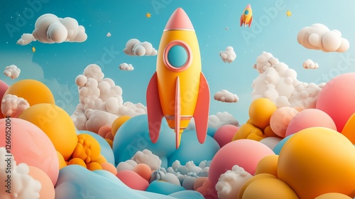 Colorful rocket launching into a dreamy sky filled with vibrant clouds and soft pastel spheres, symbolizing innovation and exploration in a whimsical landscape