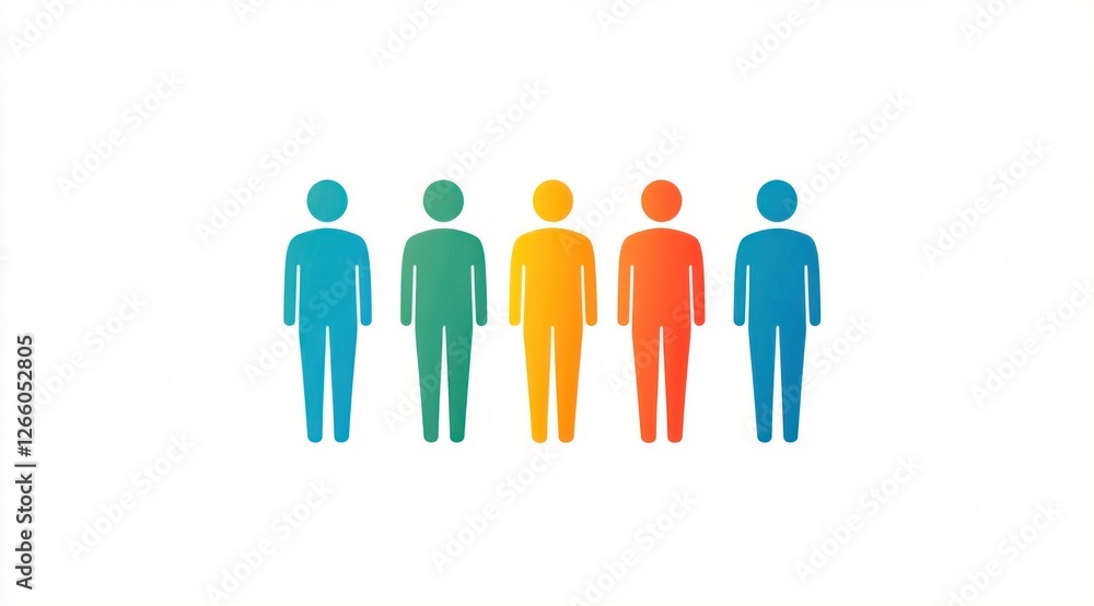 Five simple figures stand side by side, showcasing a vibrant gradient of colors, ideal for presentations and design projects Five simple figures stand side by side, showcasing a vibrant gradient of colors, ideal for presentations and design projects