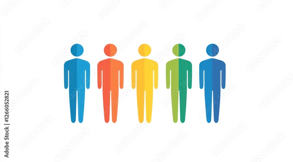 Five simple figures are aligned side by side, showcasing a gradient of colors that symbolize diversity and inclusivity in a modern design Five simple figures are aligned side by side, showcasing a gradient of colors that symbolize diversity and inclusivity in a modern design