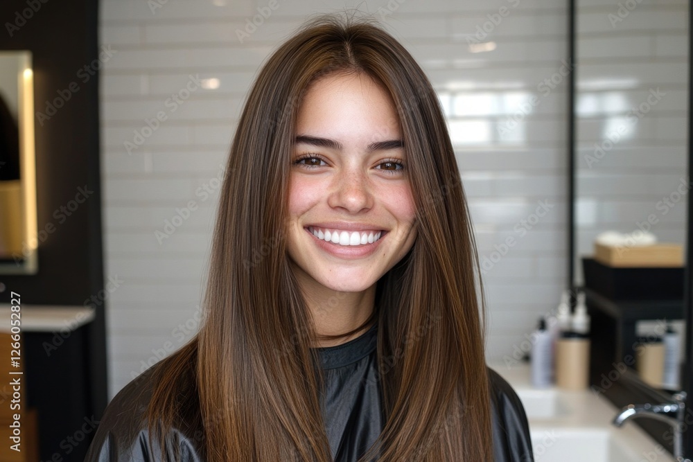 A young woman with long brown hair smiles brightly in a salon setting, showcasing a stylish haircut and a sense of joy A young woman with long brown hair smiles brightly in a salon setting, showcasing a stylish haircut and a sense of joy