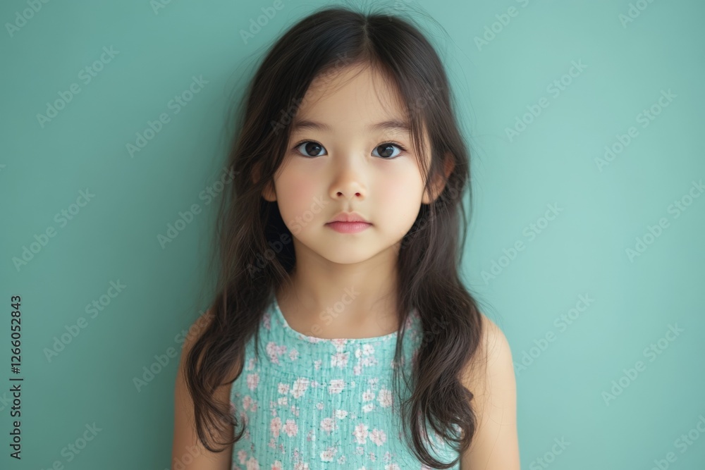 Young girl with long dark hair poses against a teal background wearing a light patterned dress Young girl with long dark hair poses against a teal background wearing a light patterned dress