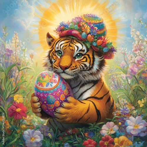 Tiger holds colorful Easter egg in blooming flower field under bright sun photo