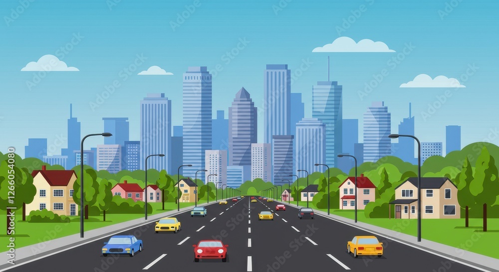 Fototapeta premium A modern flat illustration of a highway leading to a vibrant city skyline