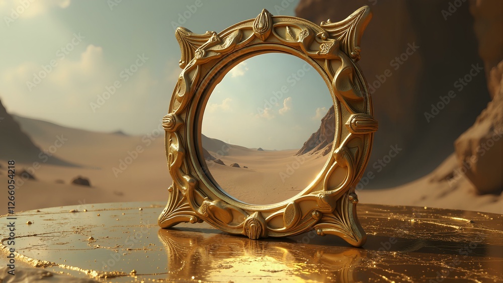 A surreal scene featuring a mirror with an intricate frame made of interlocking vertebrae, reflecting a desert landscape filled with floating clocks. The table beneath is made of molten gold with visi A surreal scene featuring a mirror with an intricate frame made of interlocking vertebrae, reflecting a desert landscape filled with floating clocks. The table beneath is made of molten gold with visi
