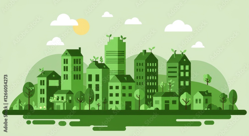A modern flat illustration of an eco-friendly city seamlessly blending urban and natural elements A modern flat illustration of an eco-friendly city seamlessly blending urban and natural elements
