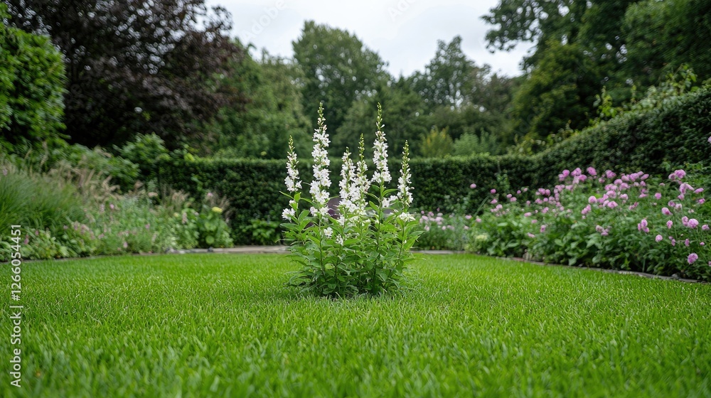 Obraz premium White flowers in formal garden, lush green lawn, background trees, tranquil scene, perfect for garden design