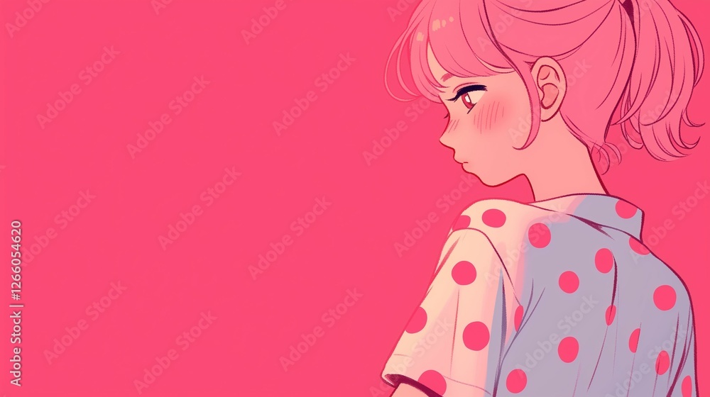 Pink-haired anime girl with polka dot shirt on pink background Pink-haired anime girl with polka dot shirt on pink background