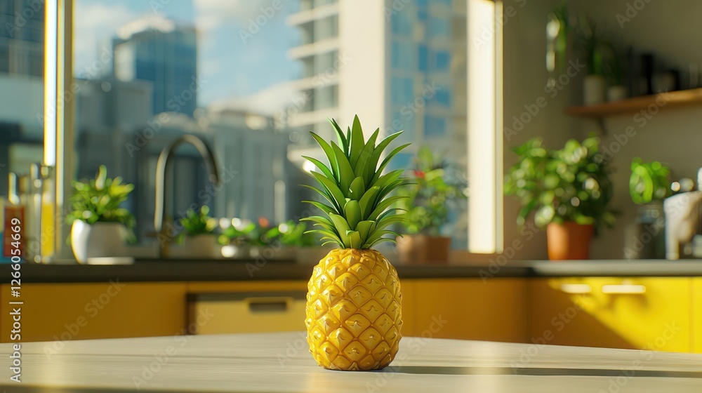 Ripe Pineapple On Table In Modern Yellow Kitchen With City View Ripe Pineapple On Table In Modern Yellow Kitchen With City View