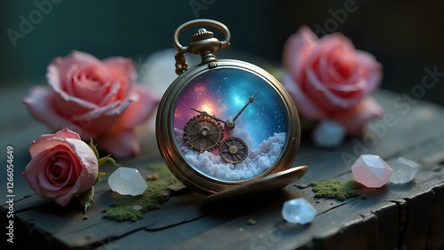 A pocket watch filled with swirling galaxy dust rests on a charred wooden table surrounded by wilted roses crystallized into quartz, with bioluminescent moss creeping from cracks. The scene is illumin photo