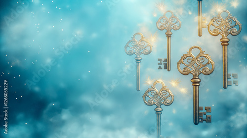 Ornate keys float amidst a celestial, dreamy backdrop, sparkling with possibility.