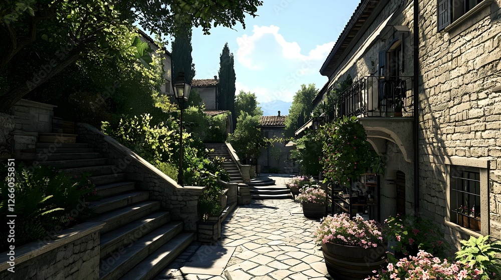 Fototapeta premium Sunlit Stone Alley In A Picturesque Italian Village