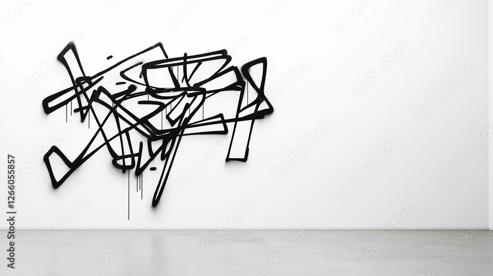 Abstract black graffiti art displayed on a white wall in a modern gallery setting. Generative AI Abstract black graffiti art displayed on a white wall in a modern gallery setting. Generative AI