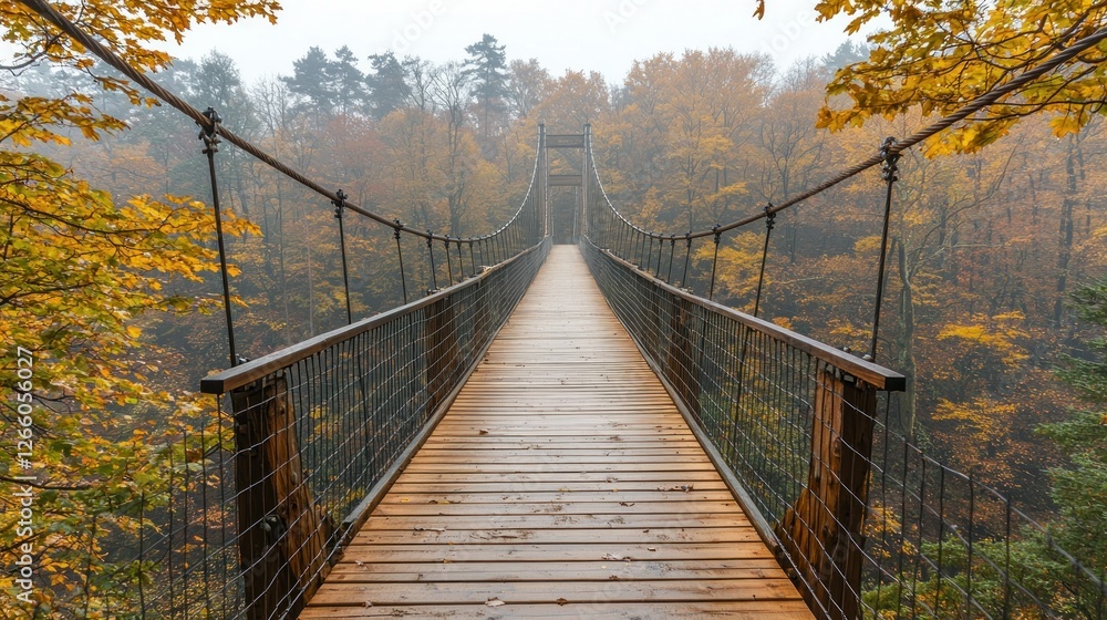 Fototapeta premium Autumn Long bridge spans over a misty gorge, connecting woods on a foggy day