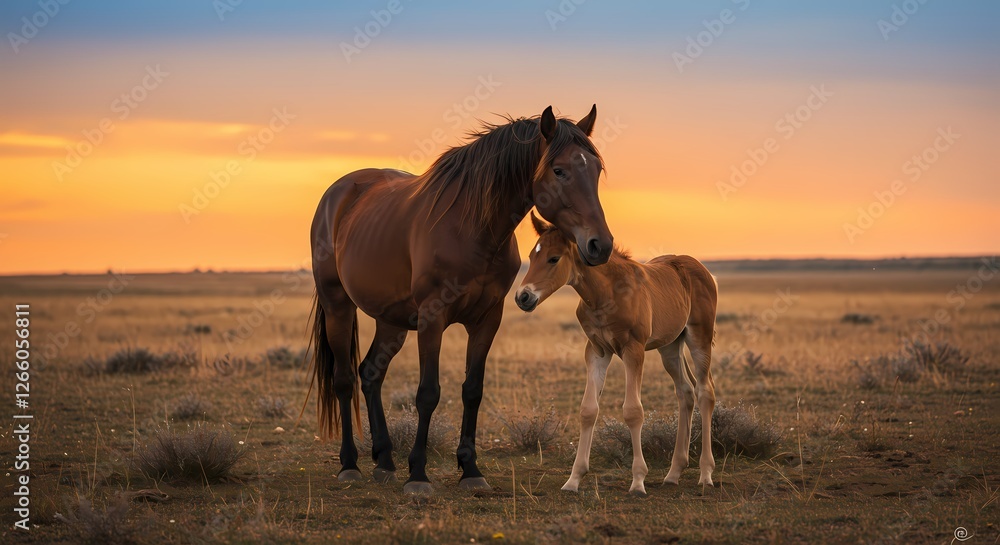 Obraz premium Adorable Baby Horse with Mother in Pasture – Heartwarming Bond Between Mare and Foal in Natural Setting