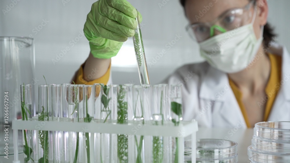 Woman scientist wearing a lab coat, green gloves and mask holding a test tube with plants inside, close up. Science and medicine concepts