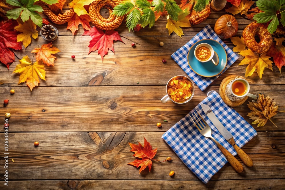 Fototapeta premium Rustic Wooden Picnic Table Oktoberfest Dinner Aerial View