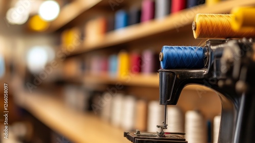 Close-up of a vintage sewing machine with colorful threads in a well-lit craft studio photo