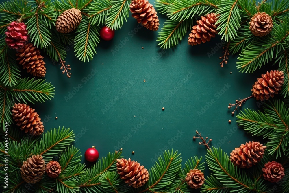 Fototapeta premium Deep green fir branches, abundant pine cones, rustic Christmas background , element, festive, decoration