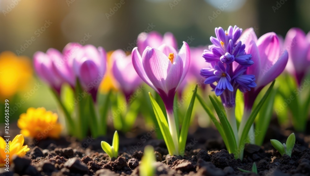 Delicate crocuses and hyacinths emerge in a sunny garden bed , horticulture, sunny, photography Delicate crocuses and hyacinths emerge in a sunny garden bed , horticulture, sunny, photography