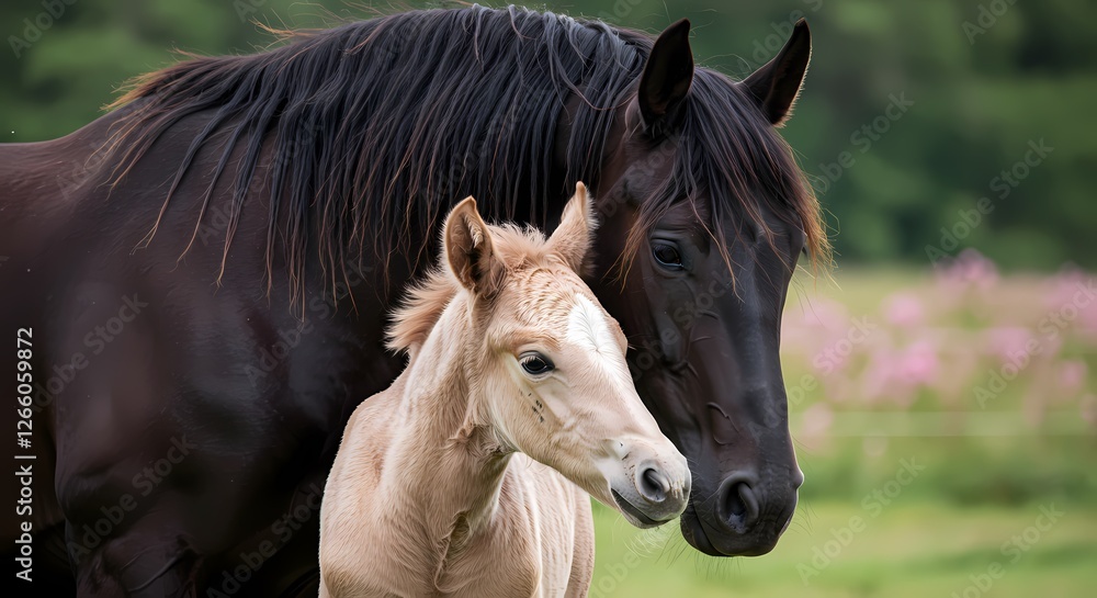 Obraz premium Adorable Baby Horse with Mother in Pasture – Heartwarming Bond Between Mare and Foal in Natural Setting