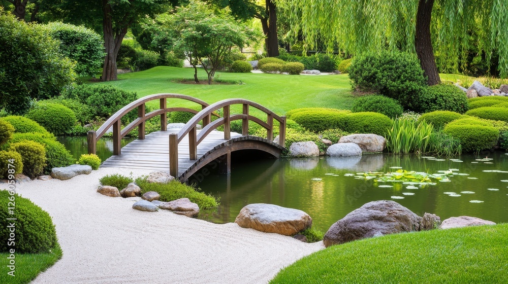 Fototapeta premium Serene Japanese garden with a wooden bridge over a tranquil pond surrounded by lush greenery