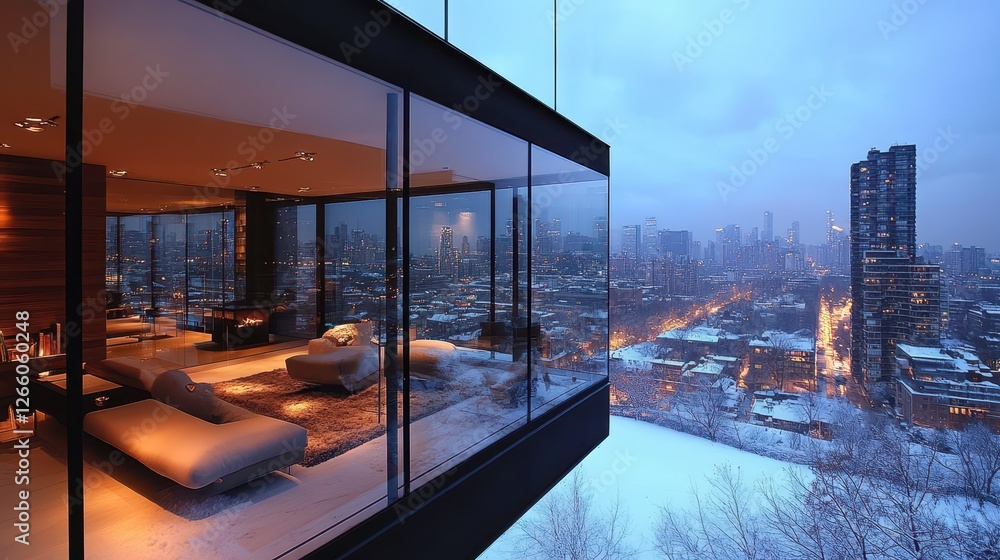 Obraz premium Modern home boasts a captivating view of the cityscape during winter